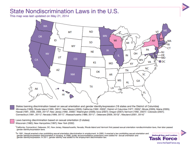 Map of nondiscrimination laws in the US, courtesy of the National Gay and Lesbian Task Force